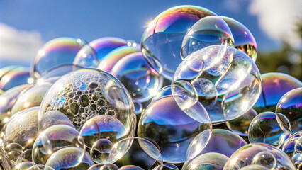 Poster - The scene captures a multitude of soap bubbles floating in the air, reflecting vibrant colors and sunlight against a clear blue sky, creating a joyful atmosphere
