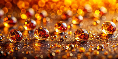 Poster - Small, luminous droplets reflect a warm golden light as they rest on a textured surface. The arrangement creates a sparkling and enchanting atmosphere, captivating the viewer's attention