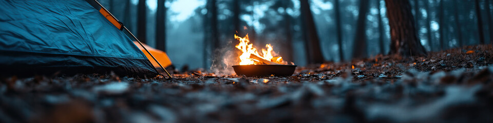 Wall Mural - Campfire and Tent in Forest at Night