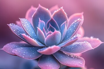 Wall Mural - Pastel succulent with water droplets soft pink and blue hues create a serene botanical close-up