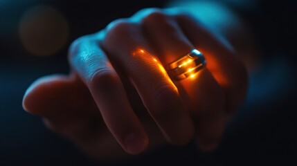 Poster - hand adorned with a glowing ring emits warm, ambient light. the close up captures the interplay of l