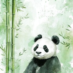 Poster - Cute panda surrounded by bamboo plants in a serene watercolor illustration depicting a peaceful natural environment. Generative AI