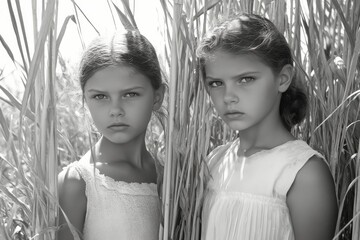 Twin girls standing in a field of tall grass during golden hour light