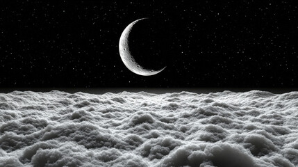 Panorama photography of White clouds, black night sky, big crescent moon in the middle, fantasy style, animation, dreamy, clear image, surreal 3d landscapes, Fantasy, Low viewing angle․