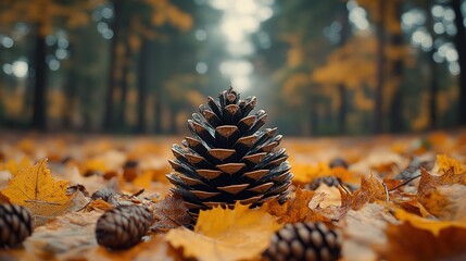 Sticker - Autumn pine cone forest floor leaves background