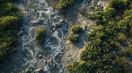 Sticker - A river with a rocky shoreline and green grass on the bank. The water is calm and clear, and the grass is lush and green. The scene is peaceful and serene, with the water