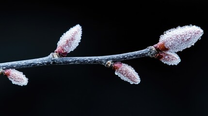 Frosted tree branch buds, spring arrival, dark background, nature macro