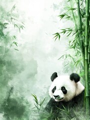 Poster - Watercolor illustration of a serene panda resting among lush bamboo during a tranquil morning. Generative AI