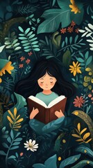 Sticker - Girl Reading Book Surrounded By Lush Green Foliage