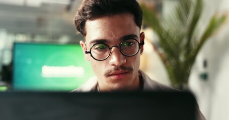 Aufkleber - Man, software designer and thinking with computer for website, planning or app development in office. Creative person, idea and report with digital technology for problem solving or update research