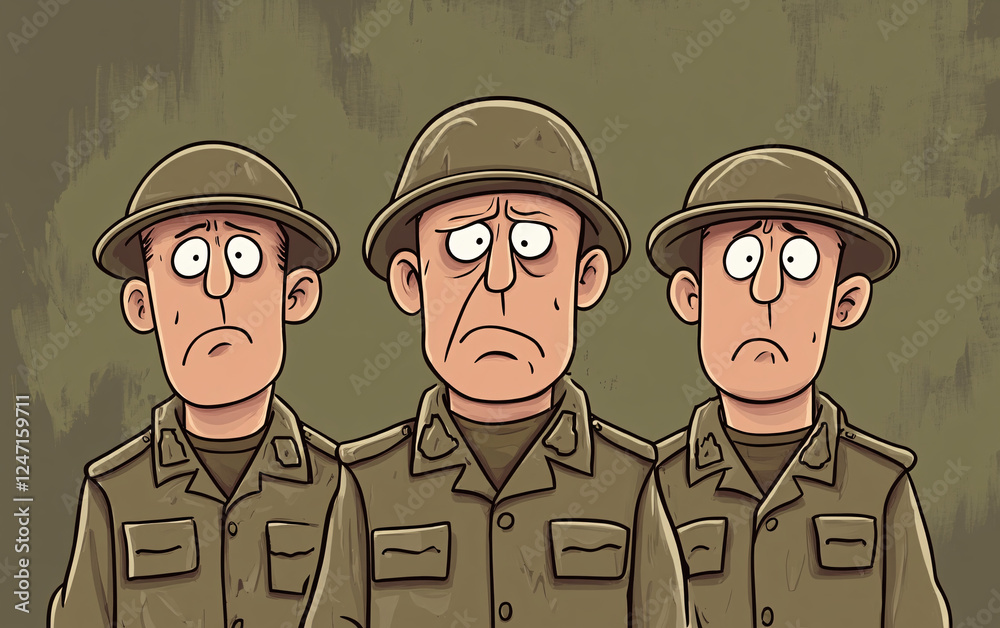 Cartoon Illustration of Military Soldiers with Confused Expressions ...