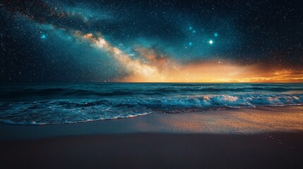 Poster - Waves gently lap at the shore under a vast starry sky, where the Milky Way brilliantly illuminates the evening. This breathtaking moment captures the beauty of nature at dawn