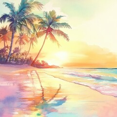 Poster - Colorful watercolor illustration of a tropical sunset with palm trees on a serene beach. Generative AI