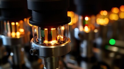 Poster - close up view of illuminated vacuum tubes in a laboratory. the warm glow highlights intricate electr
