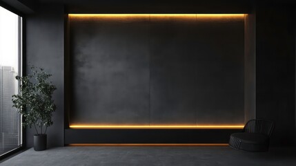 Poster - A minimalist industrial-style room featuring dark concrete walls and accentuated with LED strip lighting.