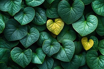 Wall Mural - A field of heart-shaped leaves mostly green with a couple of leaves tinged yellow creating a striking visual pattern