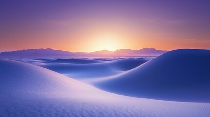 Poster - Breathtaking hues of purple and gold fill the sky as the sun rises over soft, undulating sand dunes, creating a tranquil and enchanting atmosphere in the desert