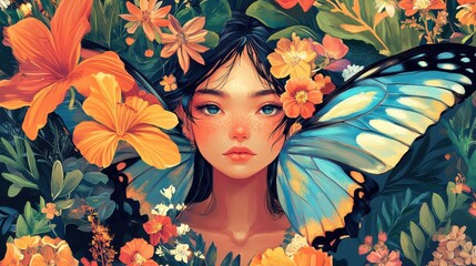 Sticker - Woman Surrounded By Vibrant Flowers And A Butterfly