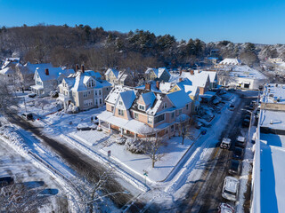 Wall Mural - Historic residential houses aerial view in winter in historic town center of Wellesley, Massachusetts MA, USA.