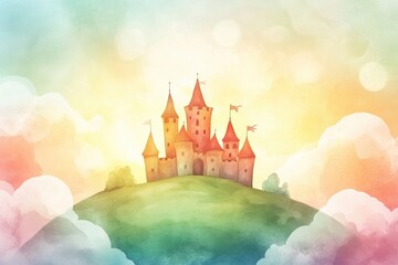 Aufkleber - Watercolor illustration of a whimsical castle on a hill during a soft sunrise with pastel clouds in the background. Generative AI