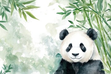 Fototapete - Watercolor illustration of a panda amid green bamboo in a serene setting with soft textures and gentle contrasts. Generative AI