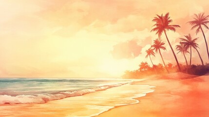 Wall Mural - Beautiful sunset landscape with palm trees and gentle ocean waves at a serene beach. Generative AI