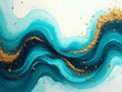 © Eduardo - Teal and Blue Paint Swirls with Gold Glitter - Modern Art Wallpaper