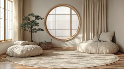 Wall Mural - Serene room, round window, sunlight, cushions, zen