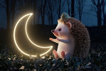 Aufkleber - Adorable hedgehog wearing a hat admires a glowing crescent moon in a dark forest.