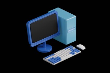 Poster - A 3D-rendered blue desktop computer with monitor, keyboard, and mouse, isolated on a transparent background.