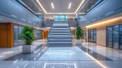 Poster - Bright and airy atrium welcomes visitors with wide staircases and modern lines. Potted plants add a touch of nature, enhancing the inviting atmosphere of this corporate space