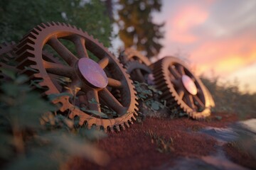 Poster - Rustic, weathered gears rest amidst overgrown vegetation at sunset, evoking a sense of forgotten industry.