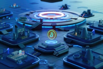 Poster - Bitcoin's futuristic digital infrastructure, a decentralized network visualized with glowing nodes and interconnected elements.