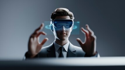 Aufkleber - A businessman wearing futuristic smart glasses interacts with a holographic interface, showcasing technological advancement.