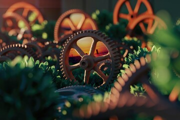 Fototapete - Rustic gears reflecting a vibrant sunset, nestled amidst lush greenery.