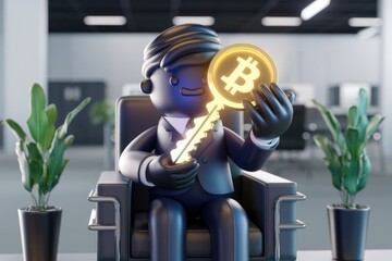 Poster - A 3D rendered businessman holds a Bitcoin-shaped key, symbolizing cryptocurrency access and success.