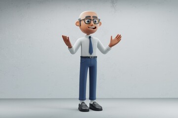Poster - A cheerful cartoon businessman with glasses, dressed in formal attire, is welcomingly gesturing with open arms.
