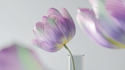 Poster - A single, pastel purple tulip in a glass, with blurred tulips in the background.