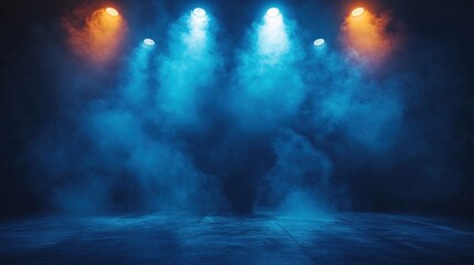 Wall Mural - Smoky stage, blue and orange lights, concert background