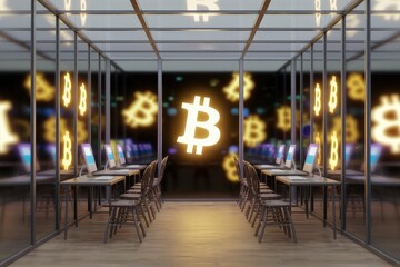 Poster - Modern Bitcoin mining facility with computers and glowing Bitcoin symbols, symbolizing cryptocurrency's technological advancement.