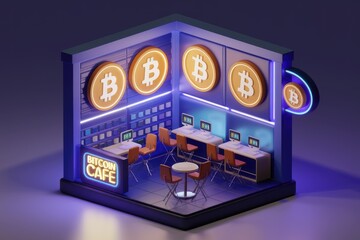 Poster - A futuristic Bitcoin cafe with neon lights, computers, and Bitcoin symbols.