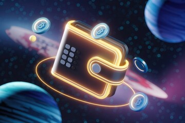 Aufkleber - Glowing crypto wallet with Bitcoins orbiting in space, representing digital currency security and futuristic finance.