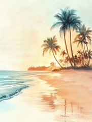 Aufkleber - Vibrant watercolor illustration capturing sunset on a tropical beach with gentle waves and silhouetted palm trees. Generative AI