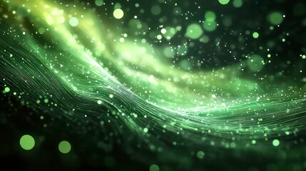 Fototapete - Abstract green digital landscape with glowing fiber-optic strands and particles.