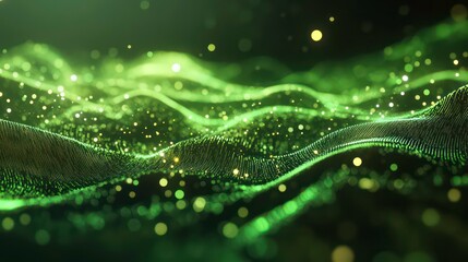 Fototapete - Abstract green digital landscape with glowing fiber-optic strands and particles.