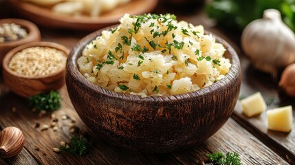 Wall Mural - A bowl of finely chopped sauerkraut garnished with herbs.