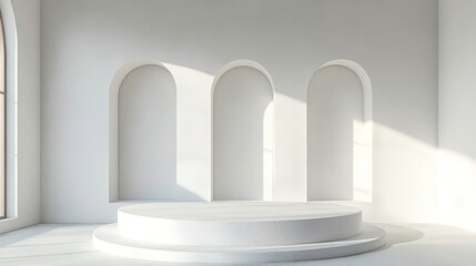 Wall Mural - A minimalist white space with three arched windows and a circular platform