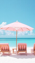 Aufkleber - Nestled by the shore, cozy pink lounge chairs await under a pastel pink umbrella, perfect for relaxing and soaking up the sun by the sparkling turquoise sea