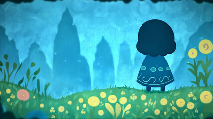 Whimsical child in a fairy tale landscape with flowers and distant towers