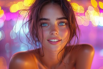 Wall Mural - Bright smile of a young woman with blue eyes and glowing skin against a colorful background of bokeh lights in an indoor setting